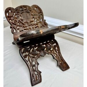 Vintage Hand Carved Wooden Folding Book Stand Floral Fretwork Cookbook Holder